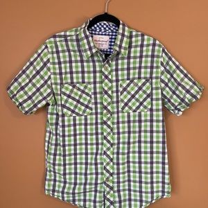 Green and Grey Plaid Short Sleeve Button Up